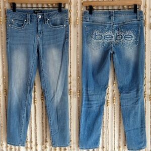 Y2K Bebe Rhinestone Pearl Light Wash Spellout 2000s Stretch Denim Skinny Jeans